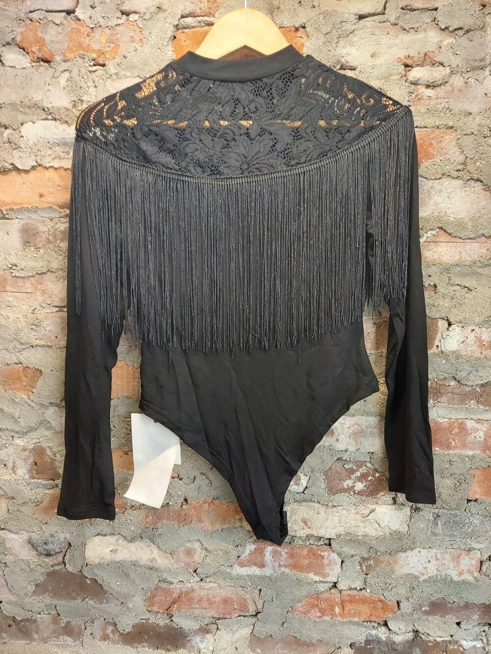 Womens Bodysuit Black Fringe Lace Mock Neck M Long Sleeve Western